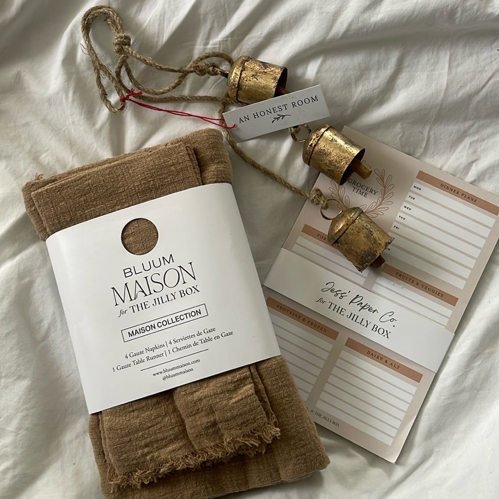 Gauze Napkins & table Runner, Grocery list, & Bells